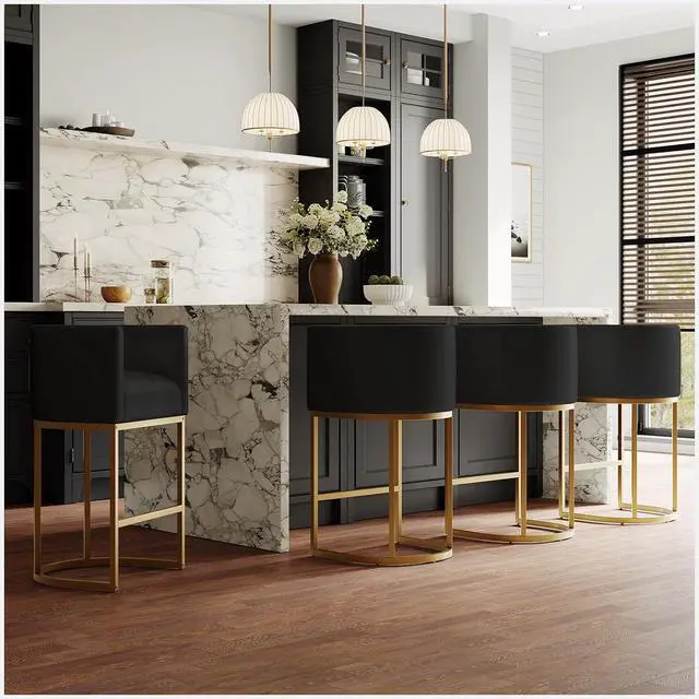 Main image of 26" Modern Kitchen Counter Height Bar Stools,PU Leather Upholstered Barrel Barstools Covers with Backs,Island Chairs Bar stools Set of 4 with Metal Gold Frames,Black Leather