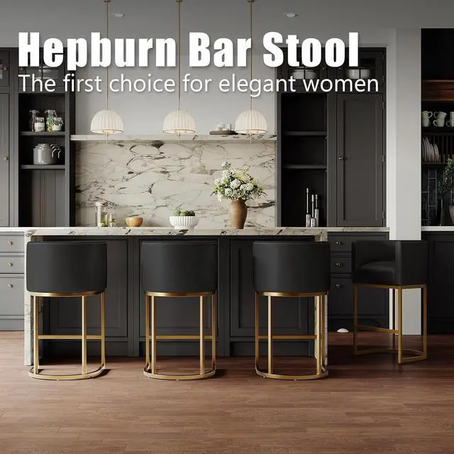 Alt view image 5 of 7 - Modern Counter Height Bar Stools,Bar Stools Set of 3,Faux Leather Upholstered Barrel Barstools with Backs,26'' Kitchen Island Chairs,Metal Gold Frames,Black Leather