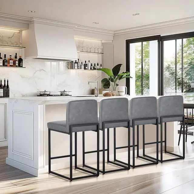 Main image of MAISON ARTS Faux Leather Bar Stools Set of 4, 24 Inch Counter Height Barstools with Back, Metal Legs, Footrest, Modern Upholstered Bar Chairs for Kitchen Island Home Bar, Grey