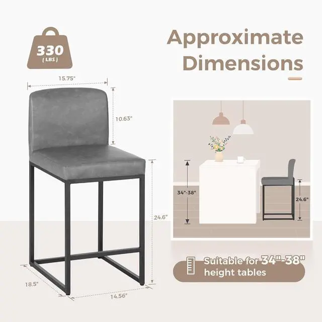 Alt view image 2 of 7 - MAISON ARTS Faux Leather Bar Stools Set of 4, 24 Inch Counter Height Barstools with Back, Metal Legs, Footrest, Modern Upholstered Bar Chairs for Kitchen Island Home Bar, Grey