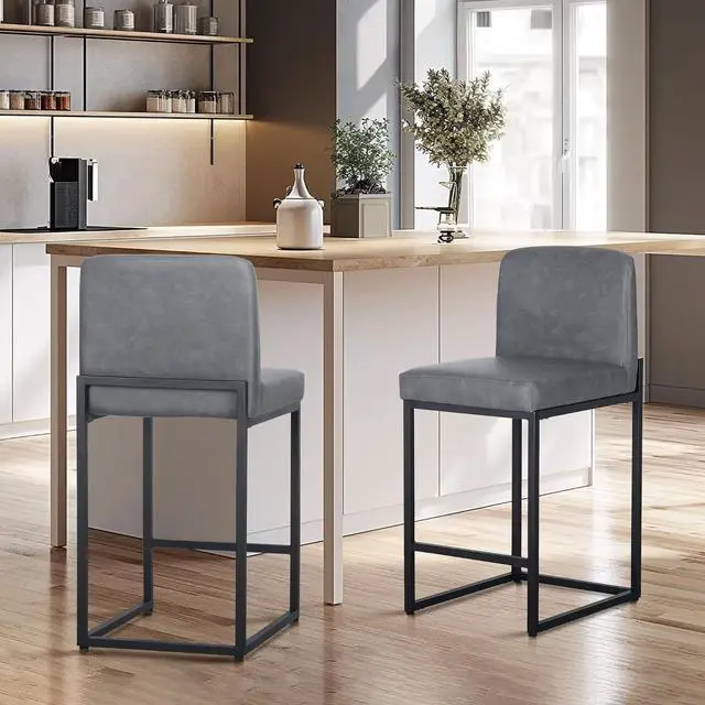 Alt view image 3 of 7 - MAISON ARTS Faux Leather Bar Stools Set of 4, 24 Inch Counter Height Barstools with Back, Metal Legs, Footrest, Modern Upholstered Bar Chairs for Kitchen Island Home Bar, Grey