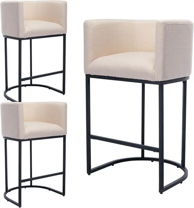 Main image of Contemporary Cream Linen Bar Stools Set of 3, 29" Upholstered Fabric Counter Height Barstools Kitchen Counter Island Stools with Black Metal Base