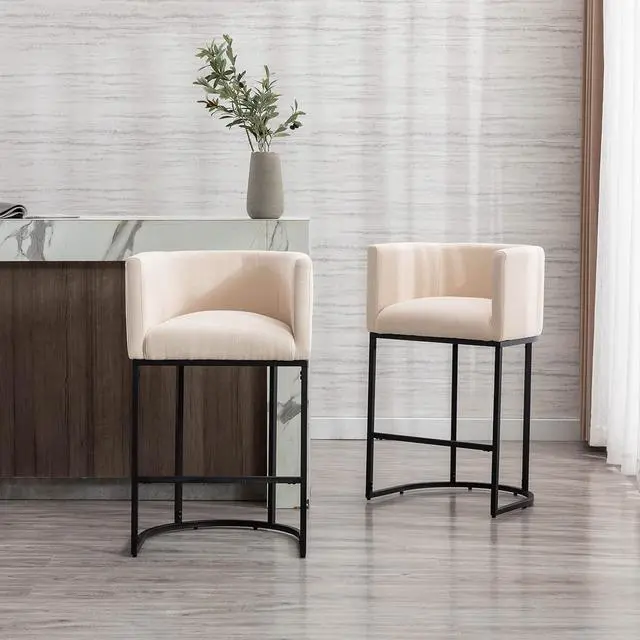 Alt view image 2 of 6 - Contemporary Cream Linen Bar Stools Set of 3, 29" Upholstered Fabric Counter Height Barstools Kitchen Counter Island Stools with Black Metal Base