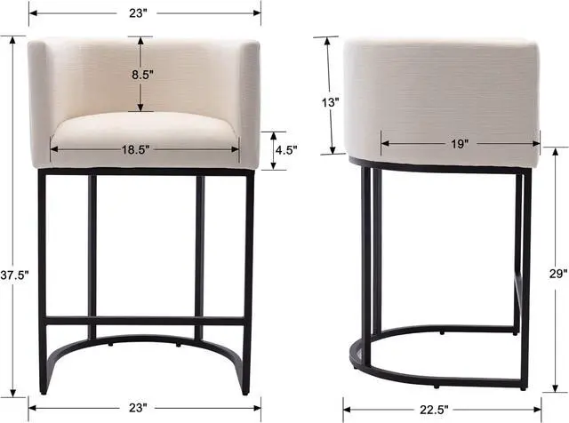 Alt view image 3 of 6 - Contemporary Cream Linen Bar Stools Set of 3, 29" Upholstered Fabric Counter Height Barstools Kitchen Counter Island Stools with Black Metal Base