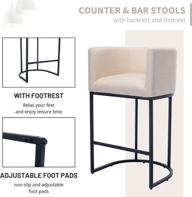 Alt view image 5 of 6 - Contemporary Cream Linen Bar Stools Set of 3, 29" Upholstered Fabric Counter Height Barstools Kitchen Counter Island Stools with Black Metal Base