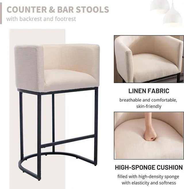 Alt view image 4 of 6 - Contemporary Cream Linen Bar Stools Set of 3, 29" Upholstered Fabric Counter Height Barstools Kitchen Counter Island Stools with Black Metal Base