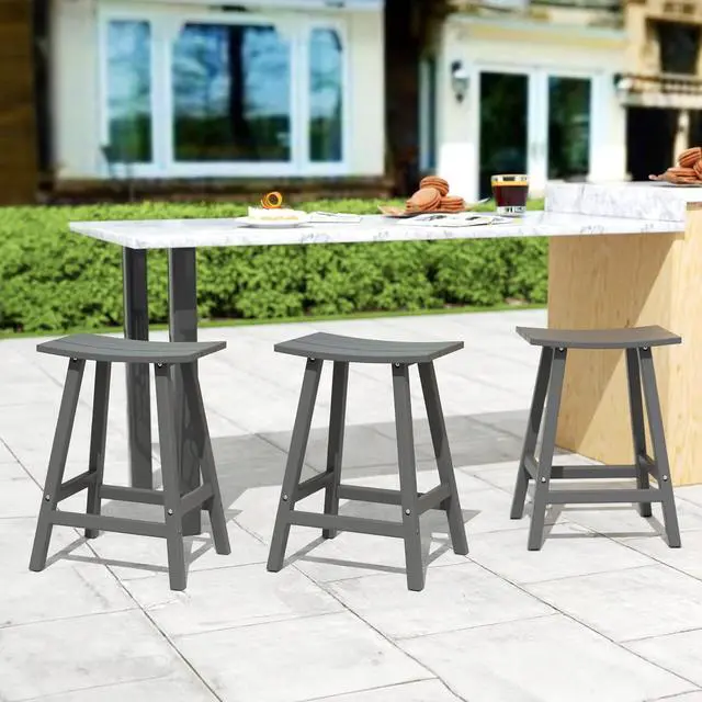 Alt view image 2 of 7 - All-Weather Bar Stools Set of 3, 24" Height Outdoor Bar Stools, Adirondack Poly Patio Bar Stool for Patio, Deck, Kitchen Counter and Garden, Gray