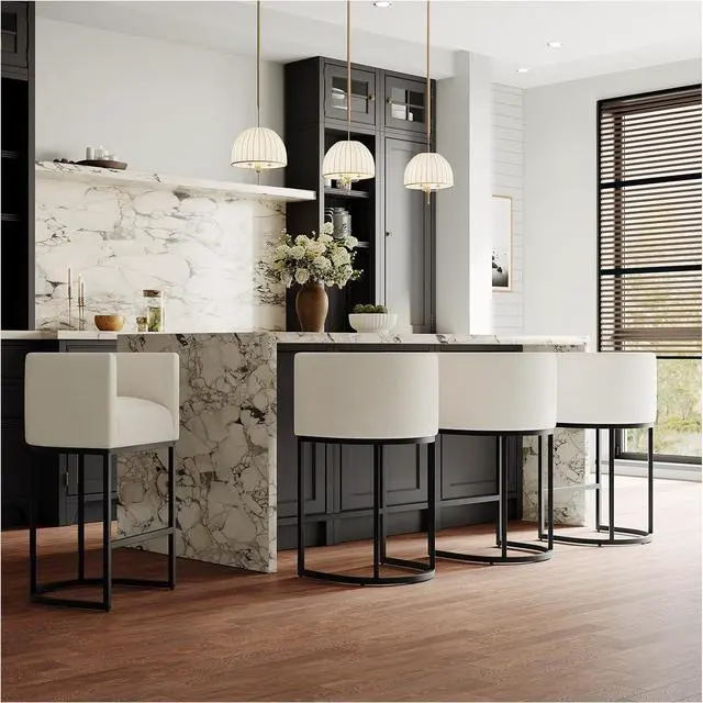 Main image of 26" Modern Kitchen Counter Height Bar Stools,Fabric Upholstered Barrel Barstools Covers with Backs,Island Chairs Bar Stools Set of 4 with Metal Black Frames,Snowy White Linen