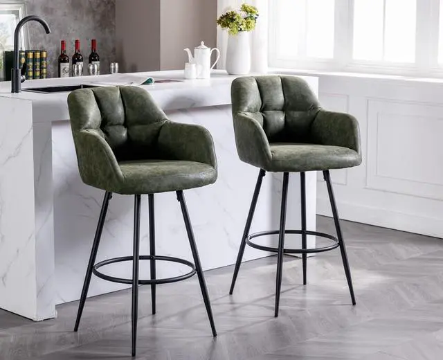 Alt view image 2 of 7 - CIMOTA Modern Bar Stools Set of 4 Upholstered Bar Height Tall Stools for Kitchen Island, Leather Counter Height Barstools Island Chairs with Back and Metal Footrest for Home Bar/Pub, 30 Inch Green