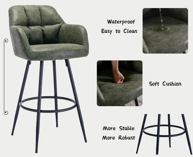 Alt view image 3 of 7 - CIMOTA Modern Bar Stools Set of 4 Upholstered Bar Height Tall Stools for Kitchen Island, Leather Counter Height Barstools Island Chairs with Back and Metal Footrest for Home Bar/Pub, 30 Inch Green