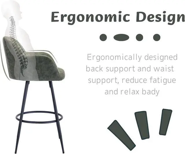 Alt view image 4 of 7 - CIMOTA Modern Bar Stools Set of 4 Upholstered Bar Height Tall Stools for Kitchen Island, Leather Counter Height Barstools Island Chairs with Back and Metal Footrest for Home Bar/Pub, 30 Inch Green