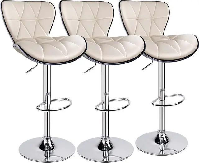 Main image of Shell Back Adjustable Swivel Bar Stools, PU Leather Padded with Back, Set of 3 (Beige)
