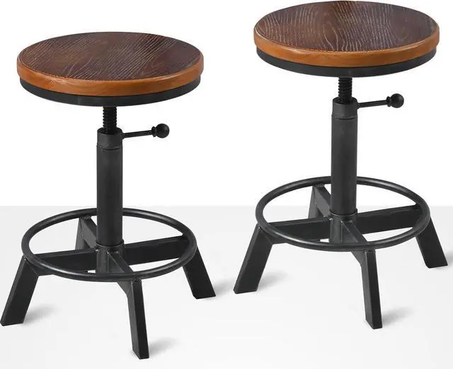 Main image of Set of 2-Industrial Bar Stool-Rustic Counter Height Chairs for Kitchen Island-Farmhouse Swivel Wooden Seat- Adjustable 17.7-24inch