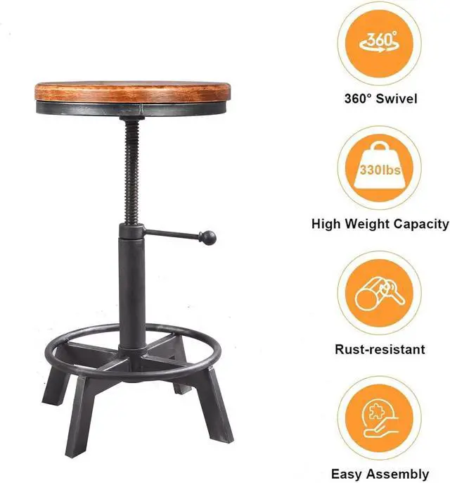 Alt view image 5 of 7 - Set of 2-Industrial Bar Stool-Rustic Counter Height Chairs for Kitchen Island-Farmhouse Swivel Wooden Seat- Adjustable 17.7-24inch