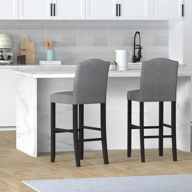 Alt view image 2 of 7 - DAGONHIL 29 Inch Bar Stools Set of 2 Modern Upholstered Chairs in Solid Wood Frame for Kitchen Islands Nail Head Trim, Gray