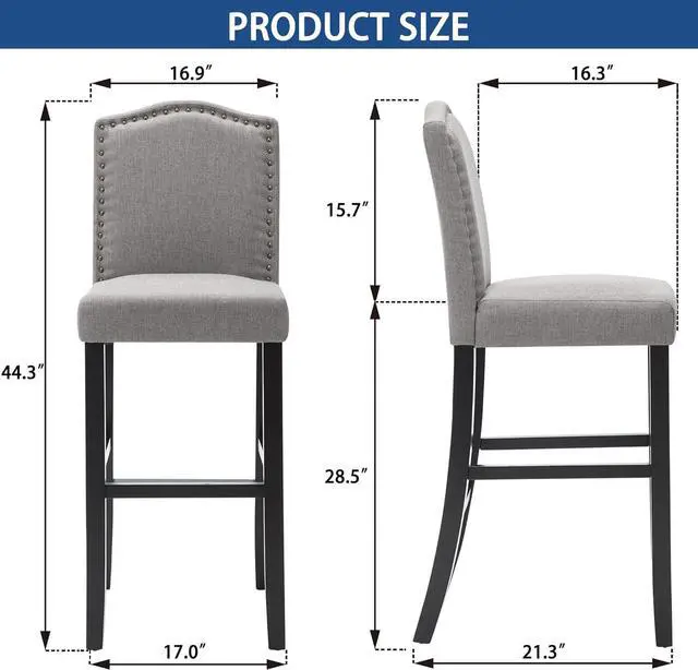 Alt view image 3 of 7 - DAGONHIL 29 Inch Bar Stools Set of 2 Modern Upholstered Chairs in Solid Wood Frame for Kitchen Islands Nail Head Trim, Gray
