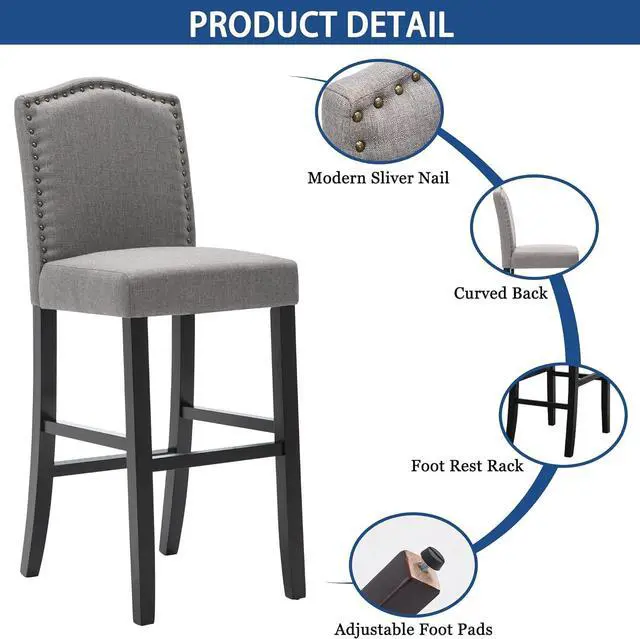 Alt view image 4 of 7 - DAGONHIL 29 Inch Bar Stools Set of 2 Modern Upholstered Chairs in Solid Wood Frame for Kitchen Islands Nail Head Trim, Gray
