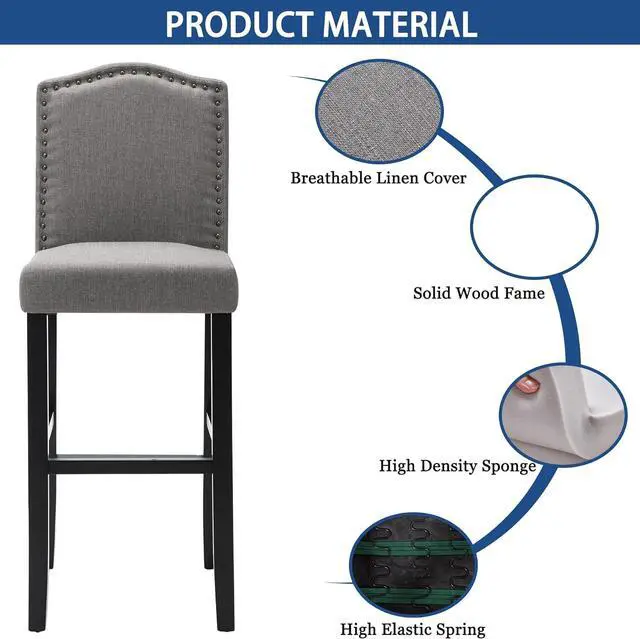 Alt view image 6 of 7 - DAGONHIL 29 Inch Bar Stools Set of 2 Modern Upholstered Chairs in Solid Wood Frame for Kitchen Islands Nail Head Trim, Gray