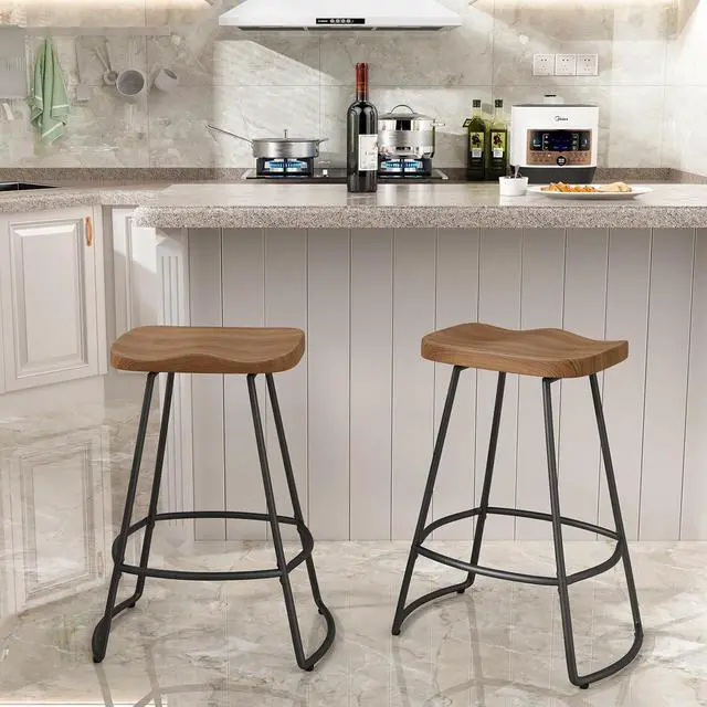 Main image of Awonde 24" Swivel Bar Stools Set of 2 Industrial Backless Bartsools Metal Counter Height Stools with Wood Top Matte Black