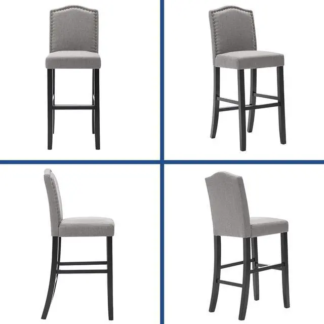 Alt view image 7 of 7 - DAGONHIL 29 Inch Bar Stools Set of 2 Modern Upholstered Chairs in Solid Wood Frame for Kitchen Islands Nail Head Trim, Gray