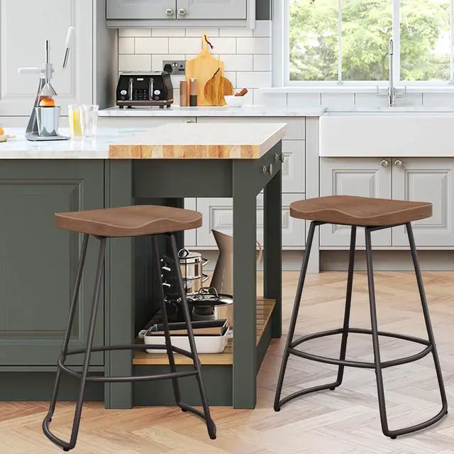 Alt view image 4 of 7 - Awonde 24" Swivel Bar Stools Set of 2 Industrial Backless Bartsools Metal Counter Height Stools with Wood Top Matte Black