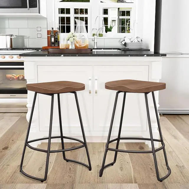 Alt view image 3 of 7 - Awonde 24" Swivel Bar Stools Set of 2 Industrial Backless Bartsools Metal Counter Height Stools with Wood Top Matte Black