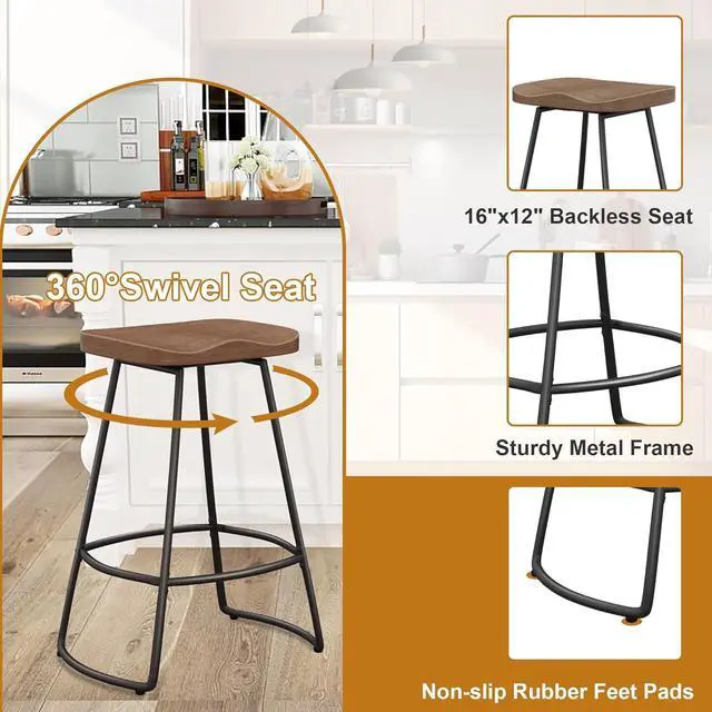 Alt view image 6 of 7 - Awonde 24" Swivel Bar Stools Set of 2 Industrial Backless Bartsools Metal Counter Height Stools with Wood Top Matte Black