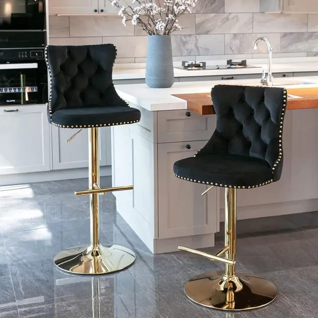 Alt view image 2 of 6 - Velvet Swivel Bar Stools Set of 2, 25-33 Inch Height Adjustable, Counter Height Bar Stools with Back, Bar Chairs for Counter Height Bar Height Kitchen Island (Golden Base, 1 Black)