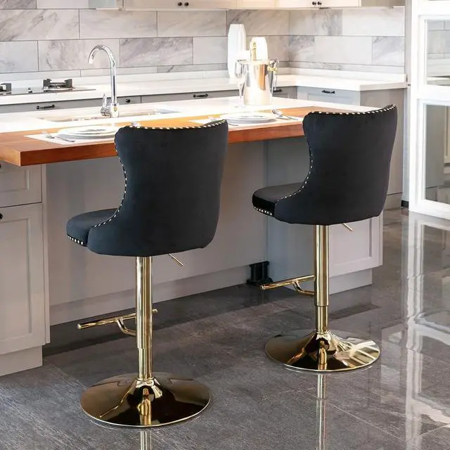 Alt view image 4 of 6 - Velvet Swivel Bar Stools Set of 2, 25-33 Inch Height Adjustable, Counter Height Bar Stools with Back, Bar Chairs for Counter Height Bar Height Kitchen Island (Golden Base, 1 Black)