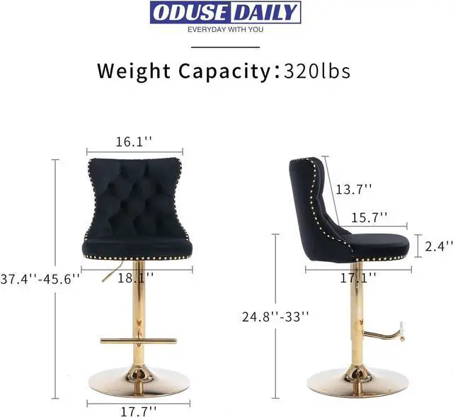 Alt view image 3 of 6 - Velvet Swivel Bar Stools Set of 2, 25-33 Inch Height Adjustable, Counter Height Bar Stools with Back, Bar Chairs for Counter Height Bar Height Kitchen Island (Golden Base, 1 Black)