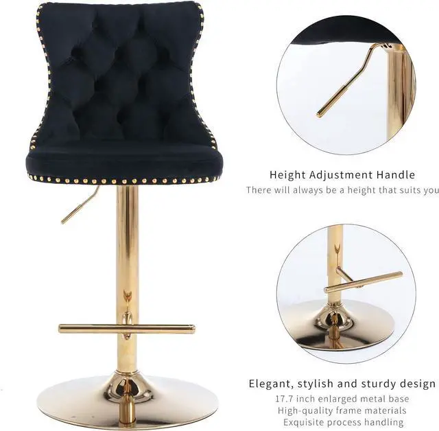 Alt view image 6 of 6 - Velvet Swivel Bar Stools Set of 2, 25-33 Inch Height Adjustable, Counter Height Bar Stools with Back, Bar Chairs for Counter Height Bar Height Kitchen Island (Golden Base, 1 Black)
