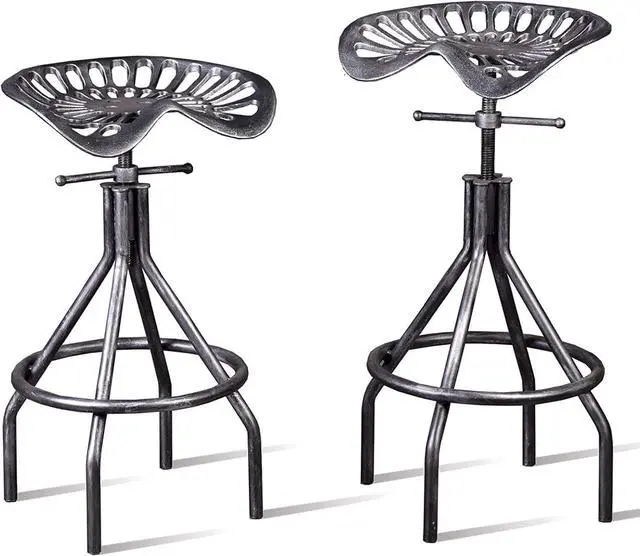 Main image of LOKKHAN 2PC Adjustable Industrial Home Bar Stools - Cast Iron Tractor Seat Swivel Metal Farmhouse Dining Stools - Counter & Pub Height 26.37" to 30.31" - Black with Brushed Silver Finish