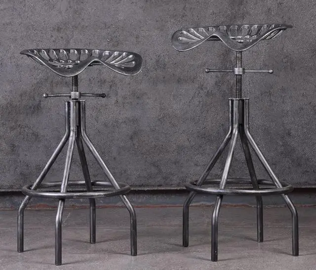 Alt view image 2 of 6 - LOKKHAN 2PC Adjustable Industrial Home Bar Stools - Cast Iron Tractor Seat Swivel Metal Farmhouse Dining Stools - Counter & Pub Height 26.37" to 30.31" - Black with Brushed Silver Finish