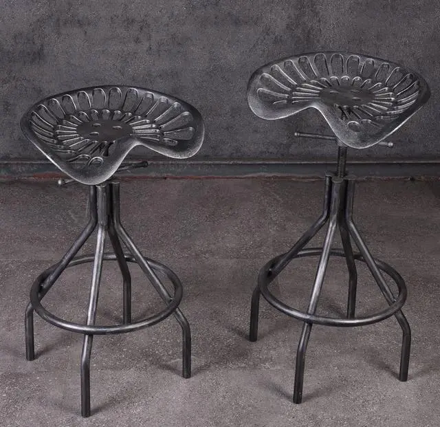 Alt view image 4 of 6 - LOKKHAN 2PC Adjustable Industrial Home Bar Stools - Cast Iron Tractor Seat Swivel Metal Farmhouse Dining Stools - Counter & Pub Height 26.37" to 30.31" - Black with Brushed Silver Finish
