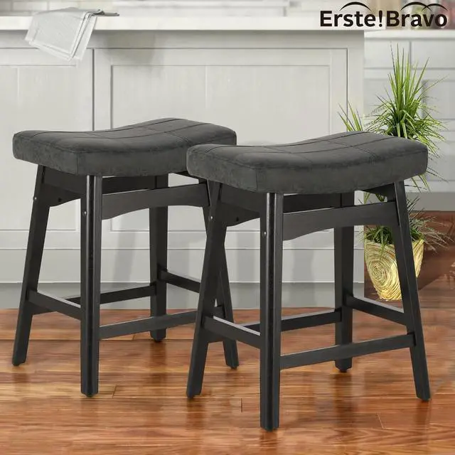 Alt view image 3 of 7 - Black Solid Wood Bar Stool for Kitchen Counter Height Barstool with Faux Leather Saddle Seat Farmhouse Upholstered Stool for 34"-38" Counter Island, 24 Inches Height, Black