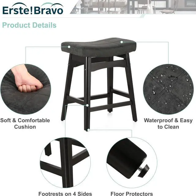 Alt view image 5 of 7 - Black Solid Wood Bar Stool for Kitchen Counter Height Barstool with Faux Leather Saddle Seat Farmhouse Upholstered Stool for 34"-38" Counter Island, 24 Inches Height, Black
