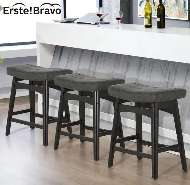 Alt view image 6 of 7 - Black Solid Wood Bar Stool for Kitchen Counter Height Barstool with Faux Leather Saddle Seat Farmhouse Upholstered Stool for 34"-38" Counter Island, 24 Inches Height, Black