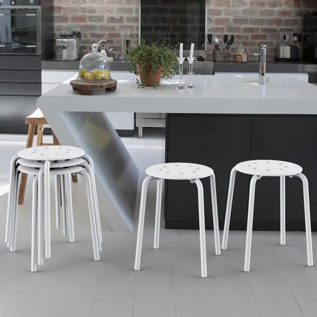 Alt view image 2 of 7 - Topeakmart Barstools Plastic Stack Bar Stools Backless Stools Metal Leg 17.3in Height Set of 5 White