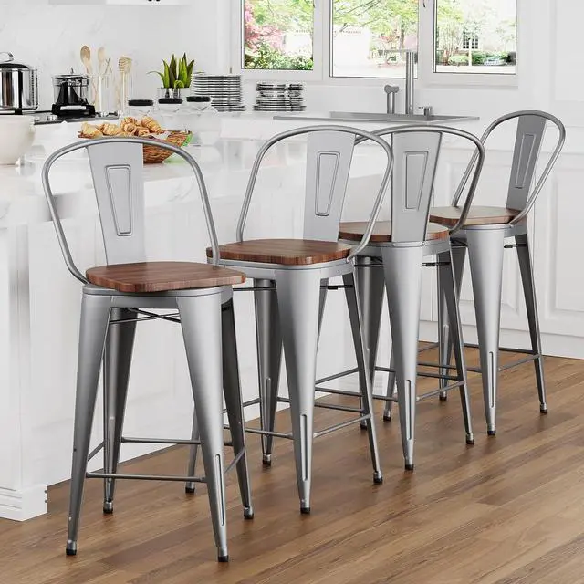 Main image of 24" Swivel Metal Bar Stools Set of 4 Counter Height Bar Chairs Industrial High Back Barstools with Large Wooden Seat Silver