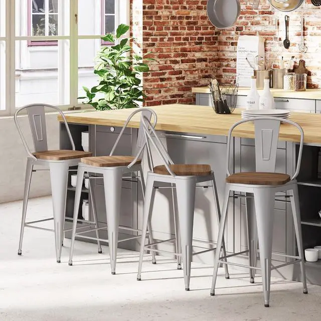 Alt view image 3 of 7 - 24" Swivel Metal Bar Stools Set of 4 Counter Height Bar Chairs Industrial High Back Barstools with Large Wooden Seat Silver