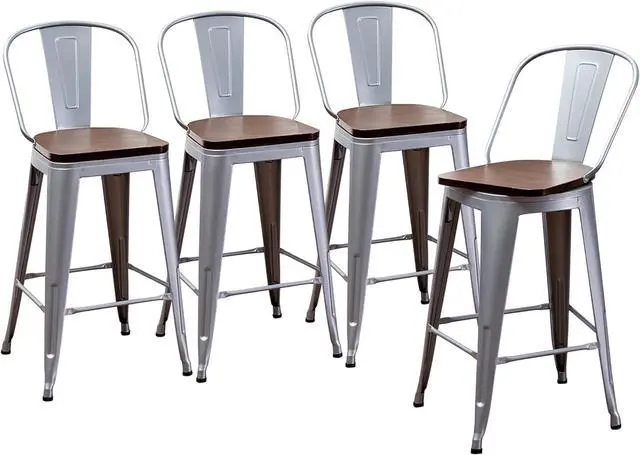 Alt view image 4 of 7 - 24" Swivel Metal Bar Stools Set of 4 Counter Height Bar Chairs Industrial High Back Barstools with Large Wooden Seat Silver