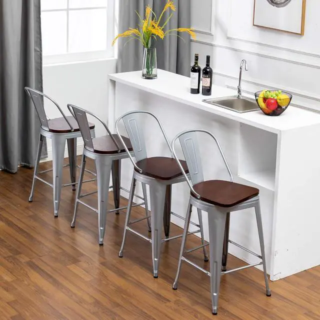 Alt view image 5 of 7 - 24" Swivel Metal Bar Stools Set of 4 Counter Height Bar Chairs Industrial High Back Barstools with Large Wooden Seat Silver