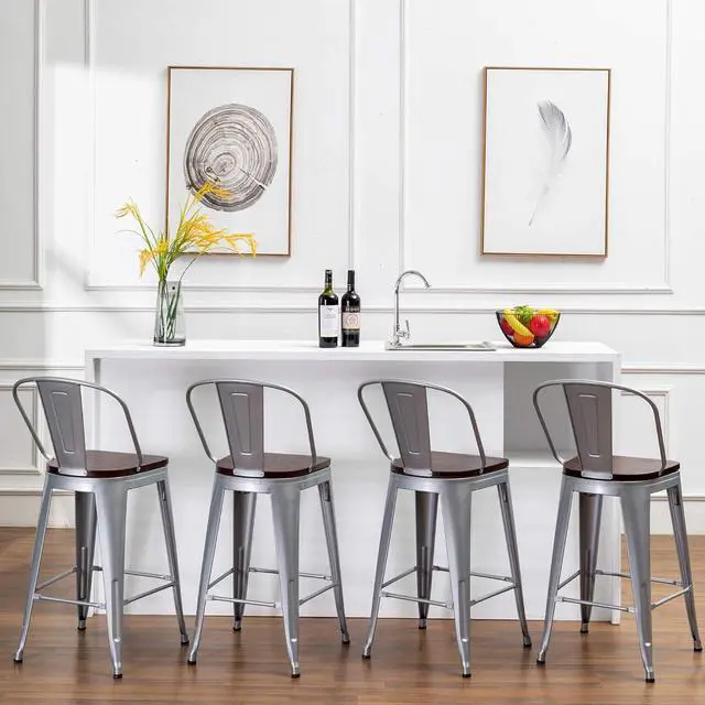 Alt view image 6 of 7 - 24" Swivel Metal Bar Stools Set of 4 Counter Height Bar Chairs Industrial High Back Barstools with Large Wooden Seat Silver