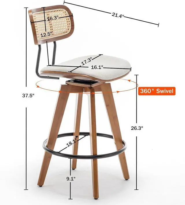 Alt view image 2 of 7 - 26" Rattan Bar Stools Set of 4, Beige Linen Fabric Counter Height Swivel Barstools with Rattan Backrest and Wooden Legs,Armless Mid Century Modern Bar Chairs for Kitchen/Dining Room/Bar