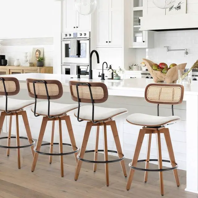 Main image of 26" Rattan Bar Stools Set of 4, Beige Linen Fabric Counter Height Swivel Barstools with Rattan Backrest and Wooden Legs,Armless Mid Century Modern Bar Chairs for Kitchen/Dining Room/Bar