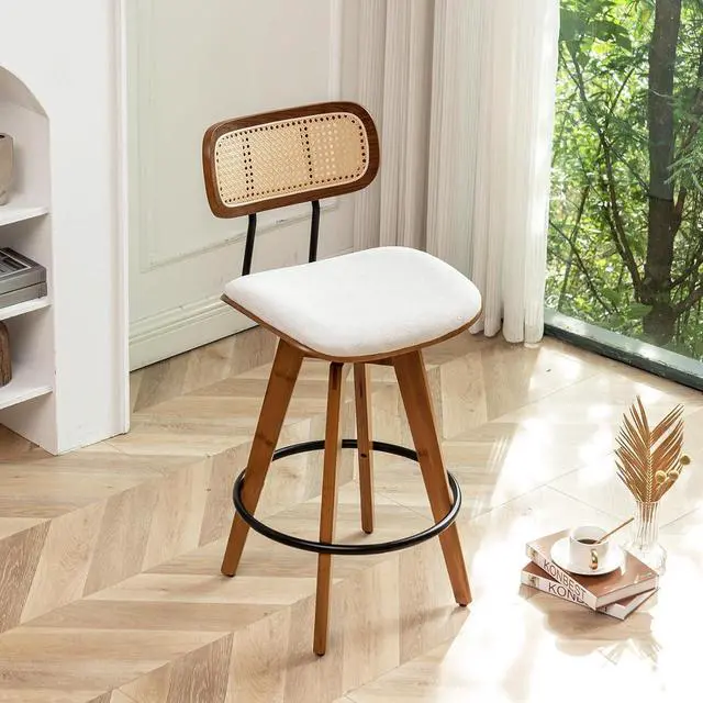 Alt view image 3 of 7 - 26" Rattan Bar Stools Set of 4, Beige Linen Fabric Counter Height Swivel Barstools with Rattan Backrest and Wooden Legs,Armless Mid Century Modern Bar Chairs for Kitchen/Dining Room/Bar