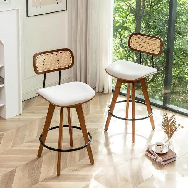 Alt view image 4 of 7 - 26" Rattan Bar Stools Set of 4, Beige Linen Fabric Counter Height Swivel Barstools with Rattan Backrest and Wooden Legs,Armless Mid Century Modern Bar Chairs for Kitchen/Dining Room/Bar