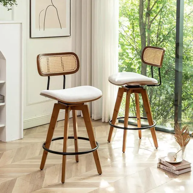 Alt view image 5 of 7 - 26" Rattan Bar Stools Set of 4, Beige Linen Fabric Counter Height Swivel Barstools with Rattan Backrest and Wooden Legs,Armless Mid Century Modern Bar Chairs for Kitchen/Dining Room/Bar