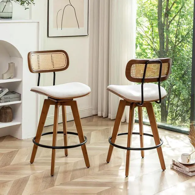 Alt view image 6 of 7 - 26" Rattan Bar Stools Set of 4, Beige Linen Fabric Counter Height Swivel Barstools with Rattan Backrest and Wooden Legs,Armless Mid Century Modern Bar Chairs for Kitchen/Dining Room/Bar