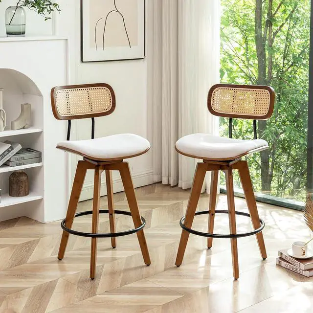 Alt view image 7 of 7 - 26" Rattan Bar Stools Set of 4, Beige Linen Fabric Counter Height Swivel Barstools with Rattan Backrest and Wooden Legs,Armless Mid Century Modern Bar Chairs for Kitchen/Dining Room/Bar